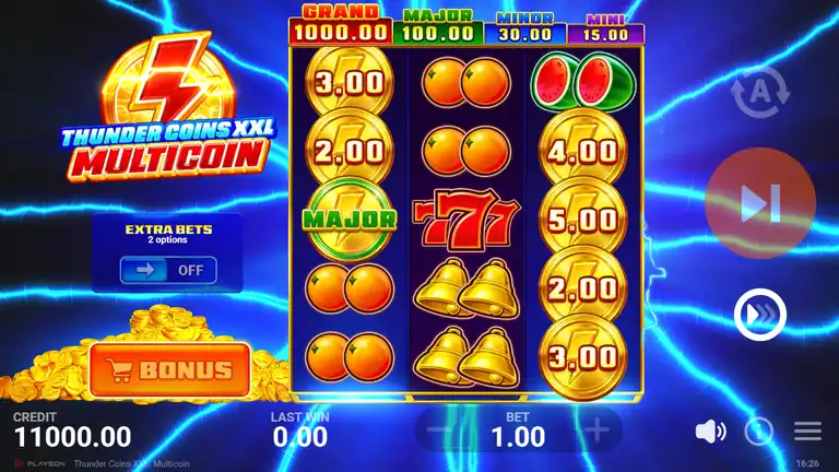 Thunder Coins XXL: Multicoin base game - 3x5 reel grid with fruit symbols and coin values, four jackpot tiers displayed across the top