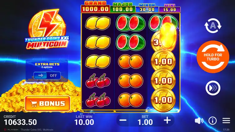 Thunder Coins XXL Multicoin spin 1707 session end - credit 10,633.50