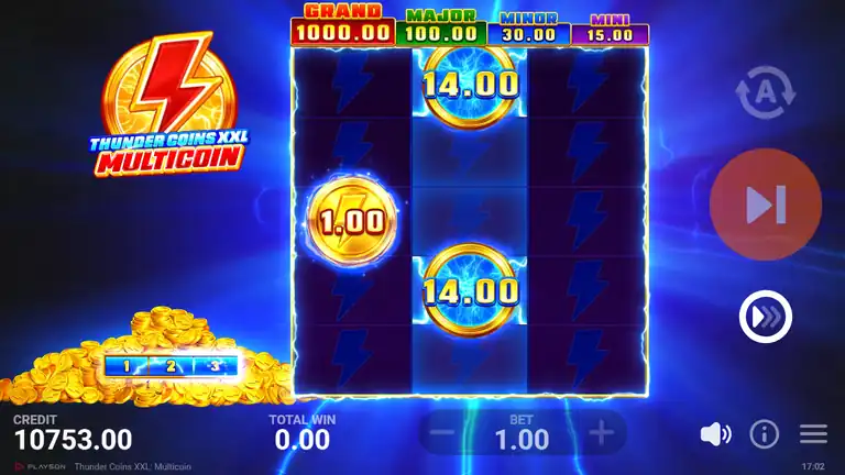 Thunder Coins XXL: Multicoin Hold and Win bonus board with initial coin symbols locked in position during respin sequence