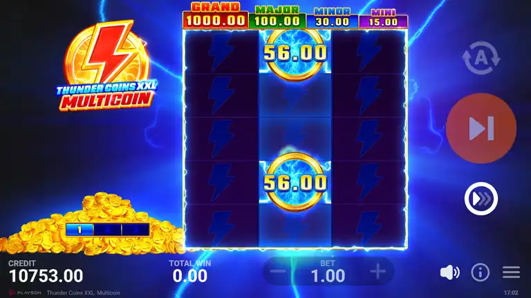 Thunder Coins XXL Multicoin Bonus 6 session high - two 56.00 coins locked on Hold and Win board, 1 respin remaining, credit 10,753.00