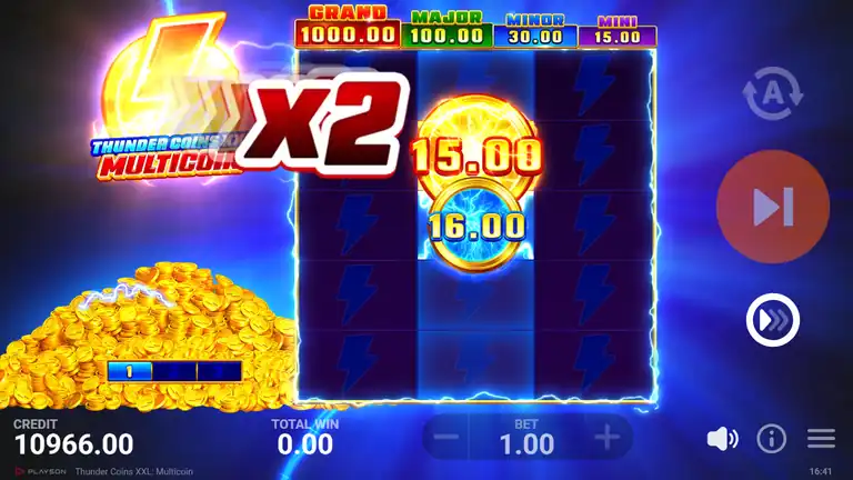 Thunder Coins XXL Multicoin Hold and Win mid-round with X2 MULTICOIN multiplier active - coins 15.00 and 16.00 locked, credit 10,966.00